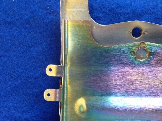 Datsun Roadster U20 2000 SU carburetor heat shield w/reinforced mounting holes. Yellow and blueish plating .