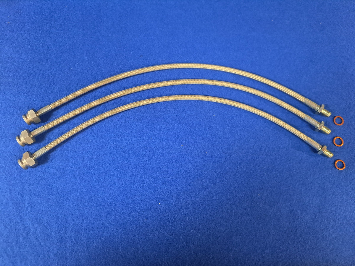 Datsun Roadster 65,66, 67, 671/2, 68, 69 &amp; 70 flexible stainless brake hose &amp; washer (3)