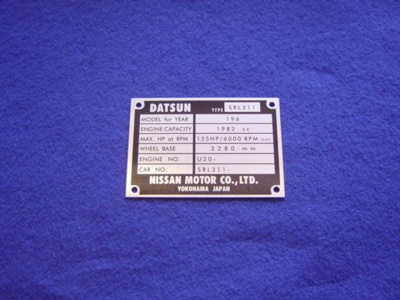 Datsun Roadster 67 1/2 SU 2000 Early ID Plate