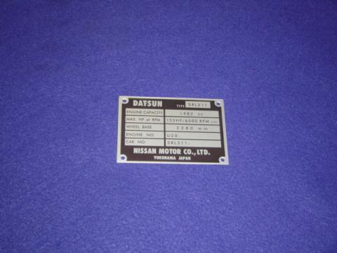 Datsun Roadster Identification plate. ate 67 1/2 - 70 SU 2000 135HP ID plate