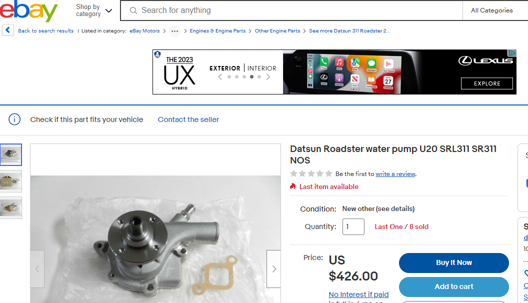 Datsun Roadster 67 1/2 , 68, 69, and 70 2000 U20 Water Pump